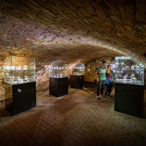 Zwei junge Menschen sehen sich Exponate im Keller des Museums Fürstenwalde an.